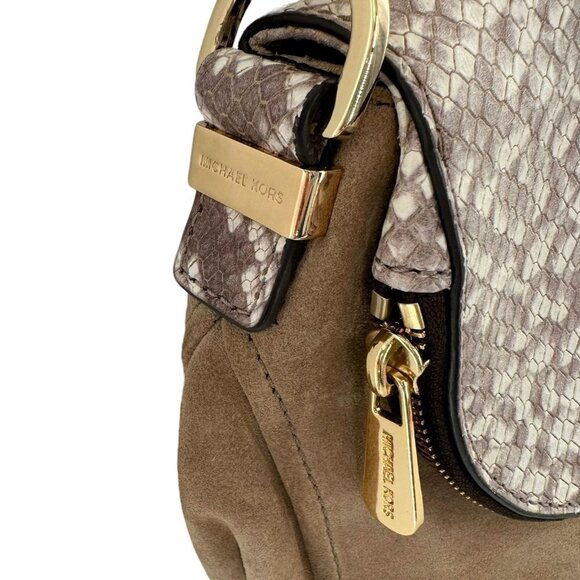 MICHAEL KORS Bedford Dark Sand Suede & Python Embossed Leather Shoulder Bag - Picture 4 of 9